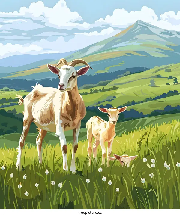 Goat Family in the Green Meadow with Mountain Background