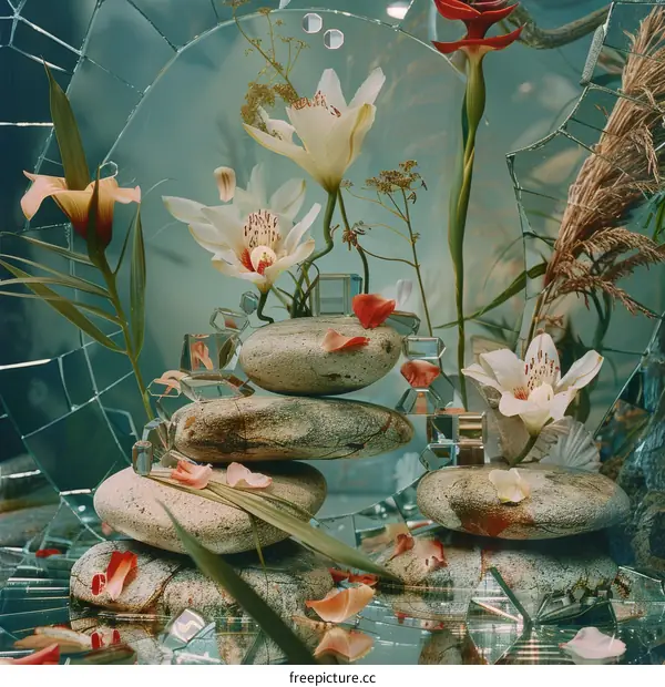 Floral Still Life with Broken Glass and Stones