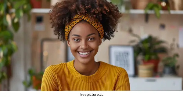 Portrait of a smiling young woman with curly hair wearing a headband