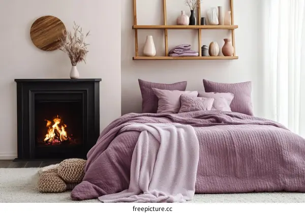 Cozy Bedroom with Fireplace and Purple Bedding