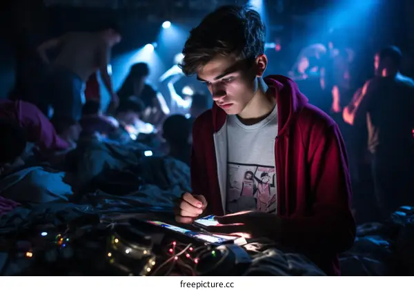 Young man using a tablet in a dark room