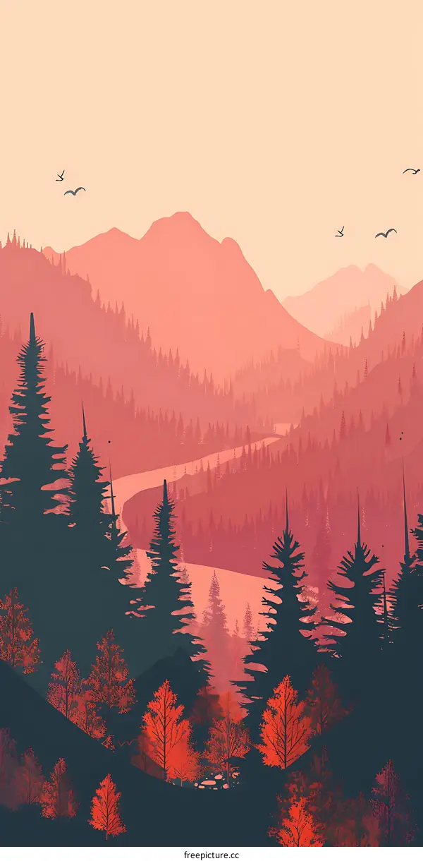 Red Forest Landscape Minimalist Illustration