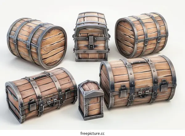 A variety of wooden vessels with metal details