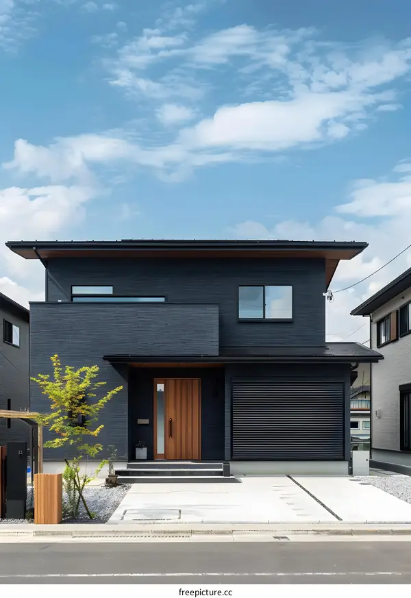 Modern Grey House with Wooden Door and Garage