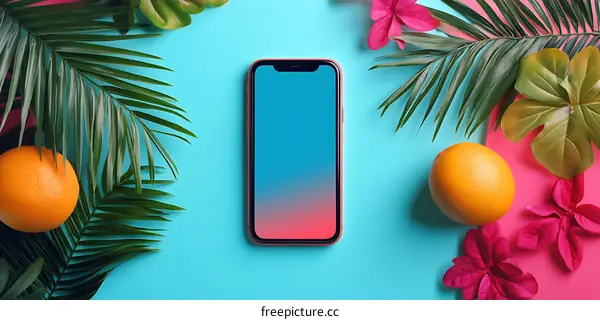 Summer Phone Mockup With Palm Leaves and Oranges