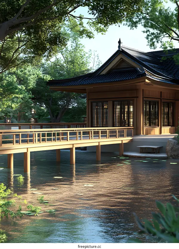 Traditional Japanese Architecture with Wooden Bridge and Pond