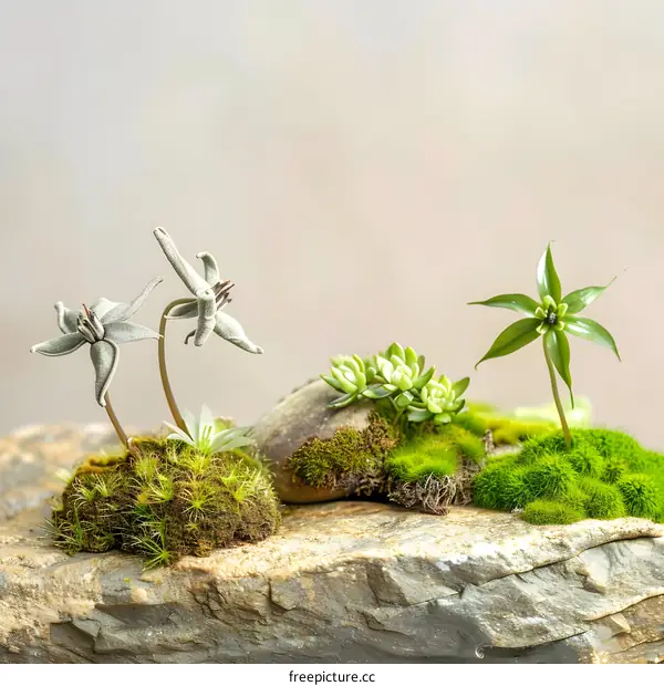 Green Plants on Rocks with a Blurred Background