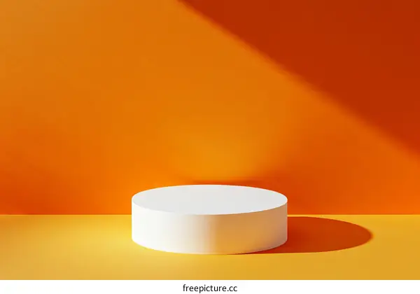 Abstract Minimalist White Cylinder Display Platform on Orange Background