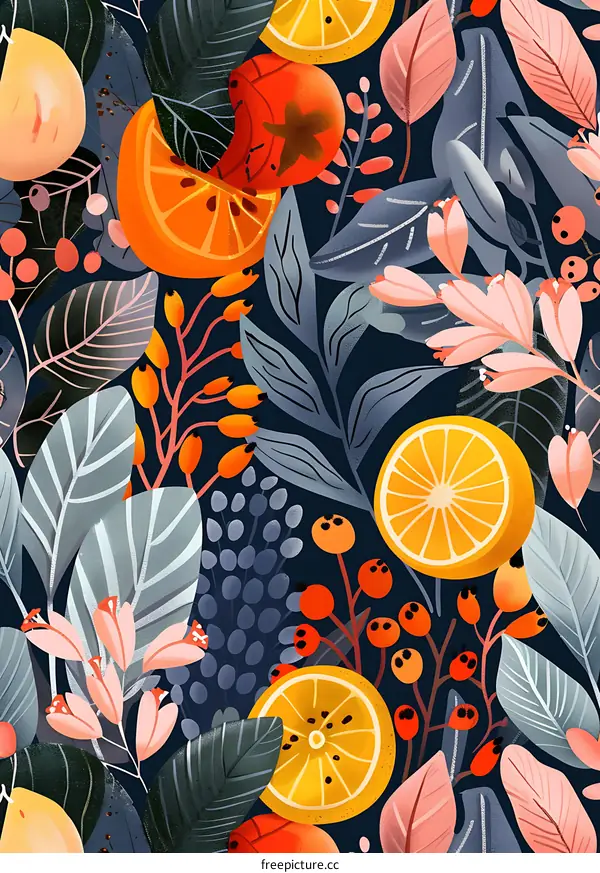 Colorful Floral Pattern With Citrus Fruit