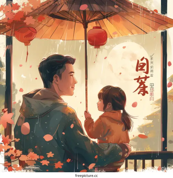 An illustration of a father and daughter holding an umbrella in the rain