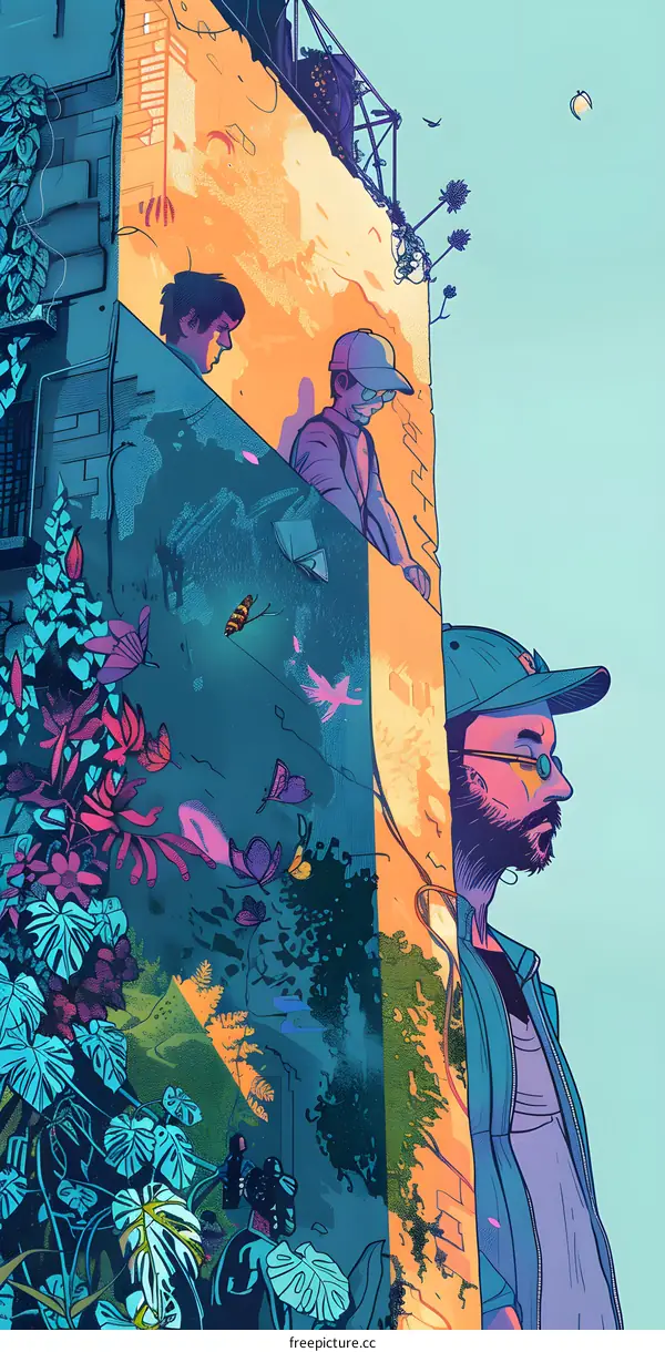 Urban Jungle Illustration With Three Men in a City