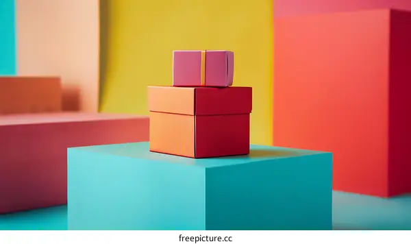 Colorful Gift Boxes On Turquoise, Yellow, Red, and Pink Background