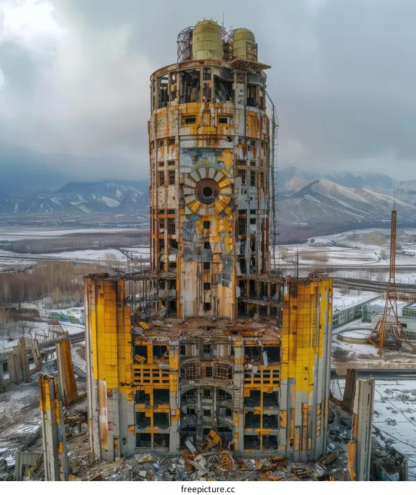 Ruins of an abandoned Soviet-era hotel in the mountains of Kyrgyzstan