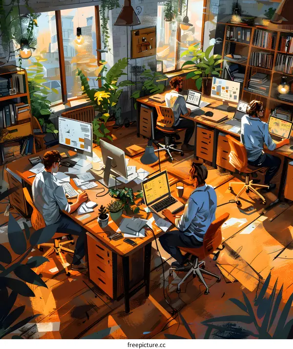 Four people working in an office