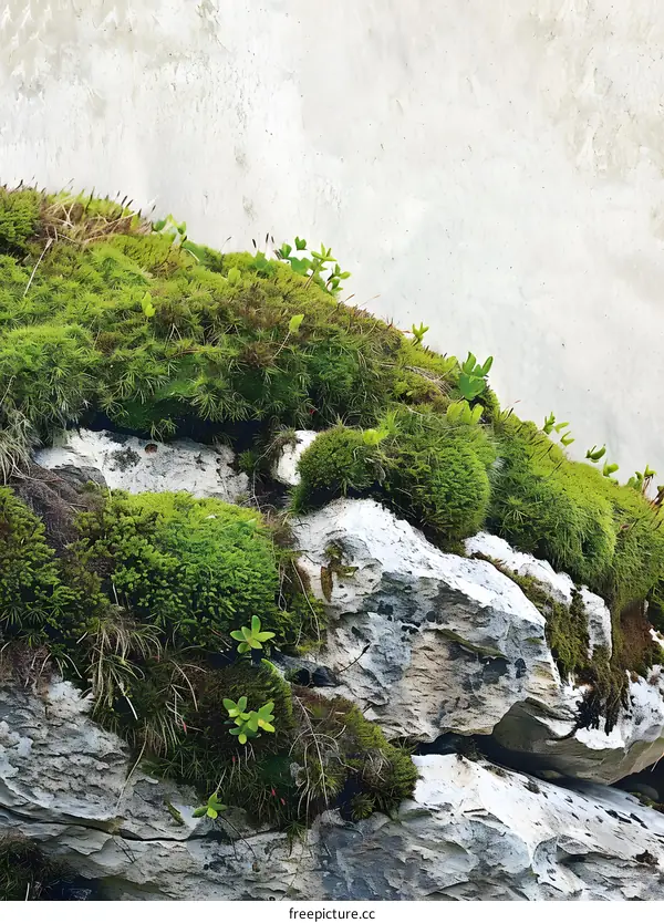 Green Moss Growing on Rocks Wall