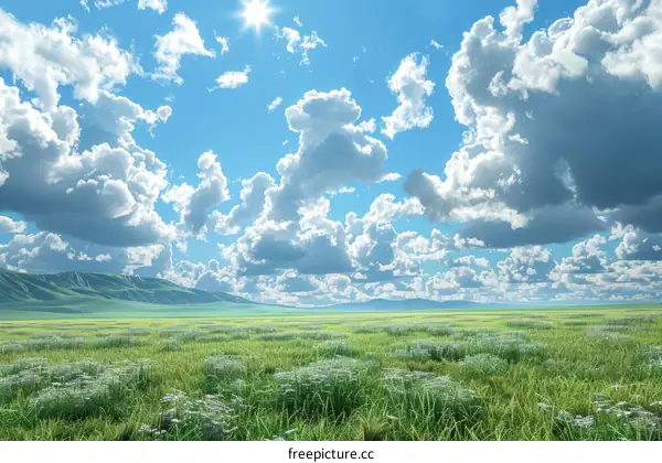 Green Grass Field With White Flowers Under Blue Sky