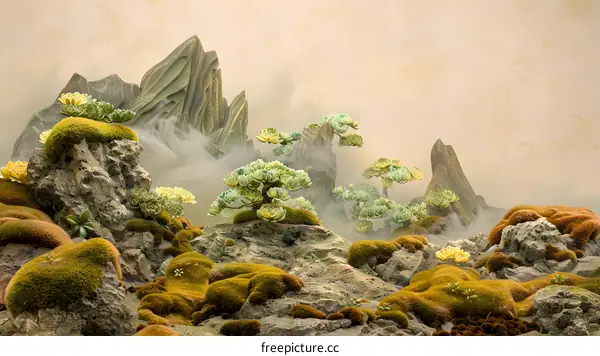 Misty Mountain Landscape with Green Moss and Trees