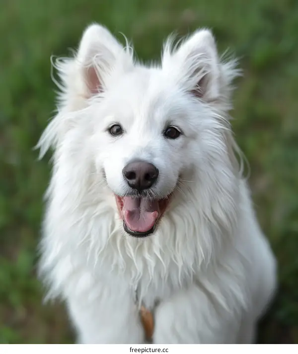 A white dog with long fur is sitting on the grass and looking at the camera