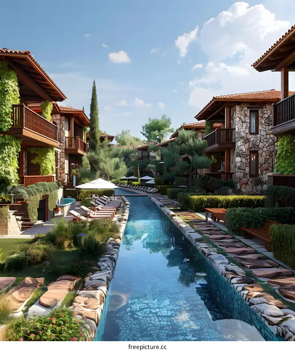 Long Pool and Stone Buildings in a Resort