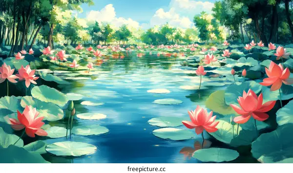Peaceful Lotus Pond in a Sunny Day