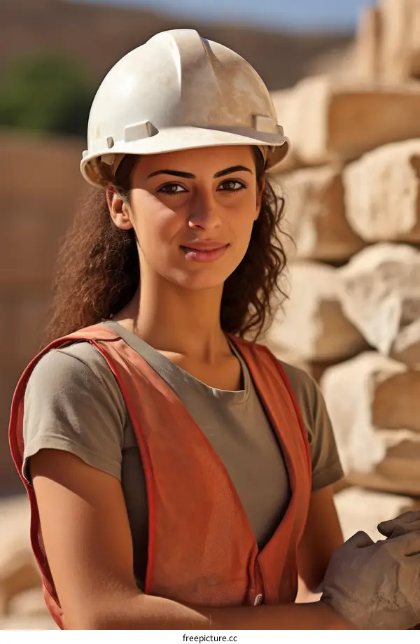 Portrait of a young female construction worker wearing a hard hat and safety vest