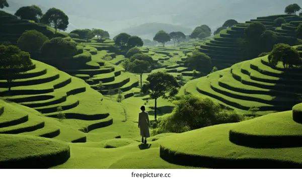 A woman standing alone in a lush green terraced landscape