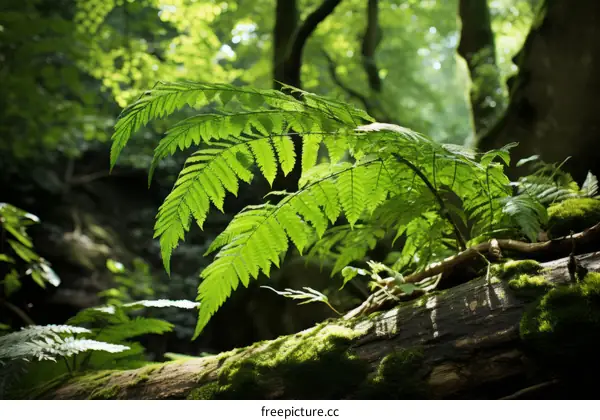 Close-up of fern leaves in a lush green forest with sunlight shining through the trees
