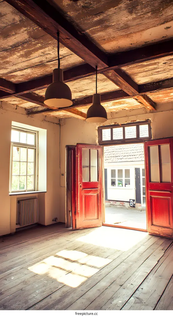 Old Wooden Room With Open Doors and Sunbeams