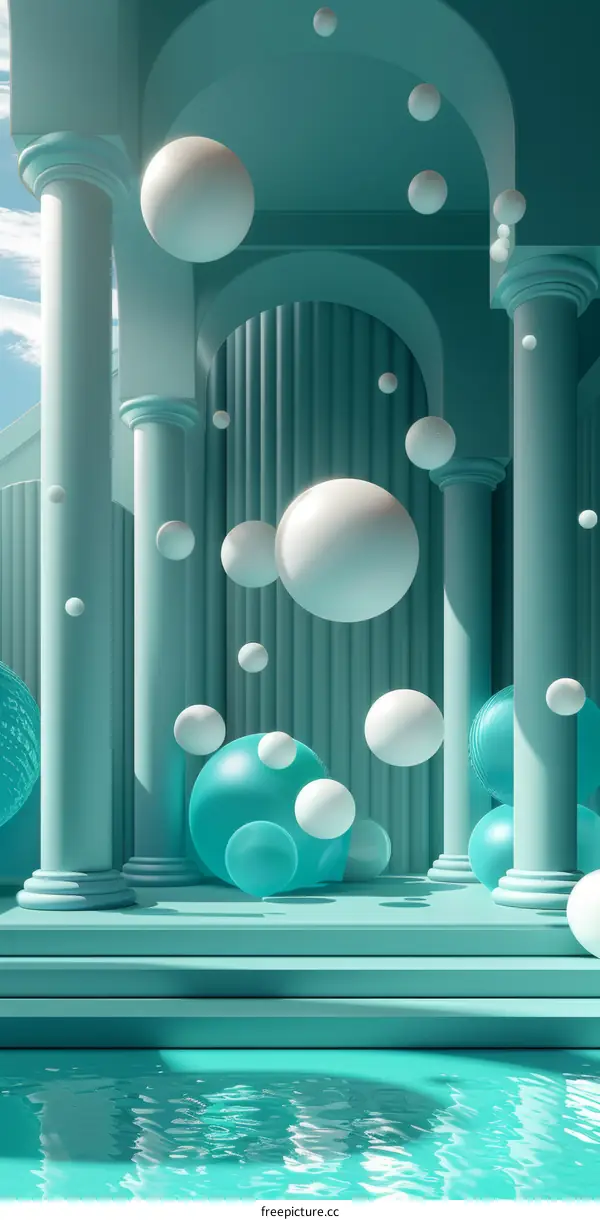 3D rendering of floating spheres in a blue classical architectural space