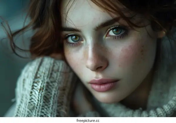 portrait of a beautiful woman with freckles and green eyes