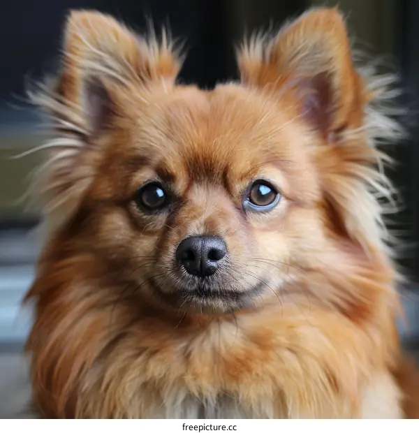 A fluffy brown Pomeranian dog looking at the camera with its head tilted to the side