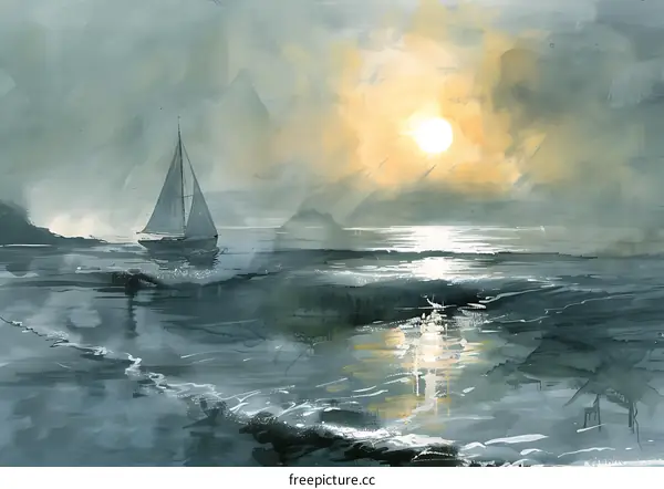 Sailboat at Sunset Watercolor Painting