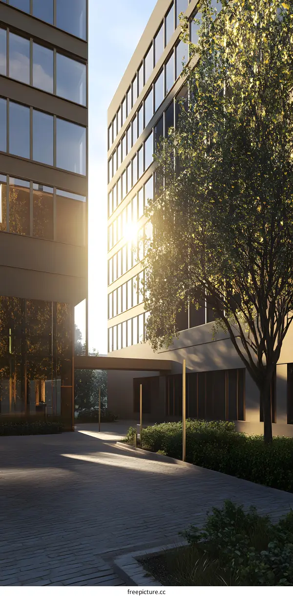 Modern Glass Building Courtyard With Sun