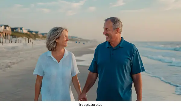 Couple Holding Hands Walking on the Beach at Sunset