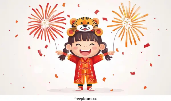 Chinese New Year Girl with Tiger Hat and Firecrackers