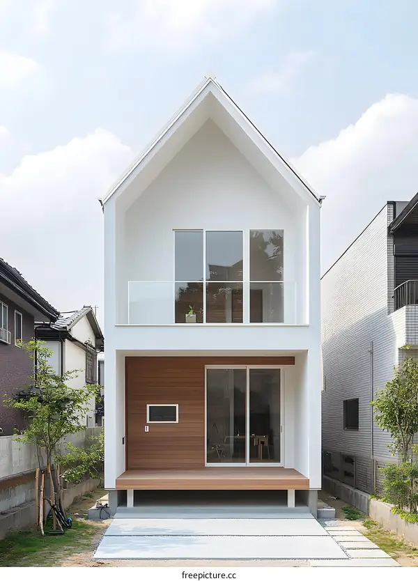 Modern White House with Wooden Balcony and Patio