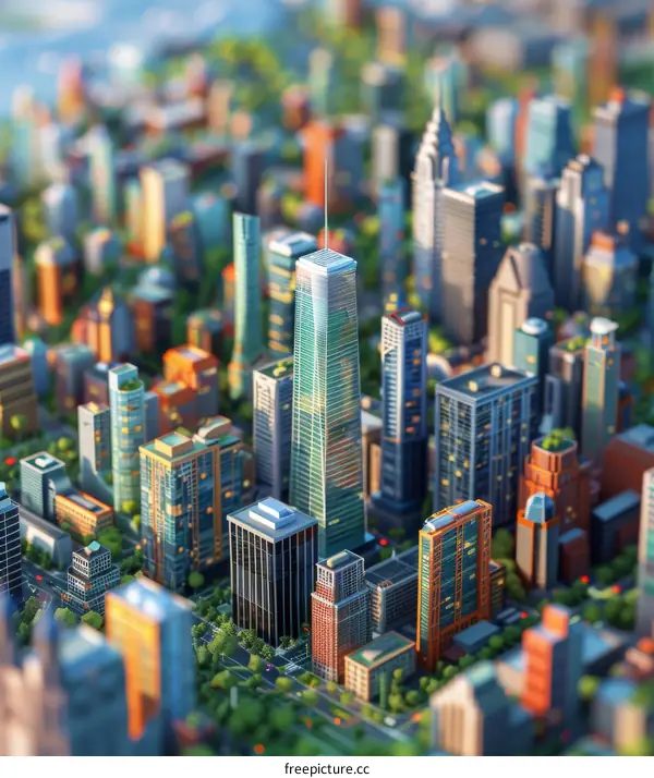 Miniature City Model with Skyscrapers and Lush Greenery