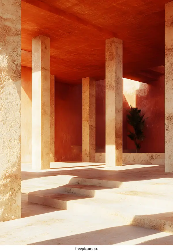 Minimalist Architecture with  Stone Pillars and Steps in Sunlight