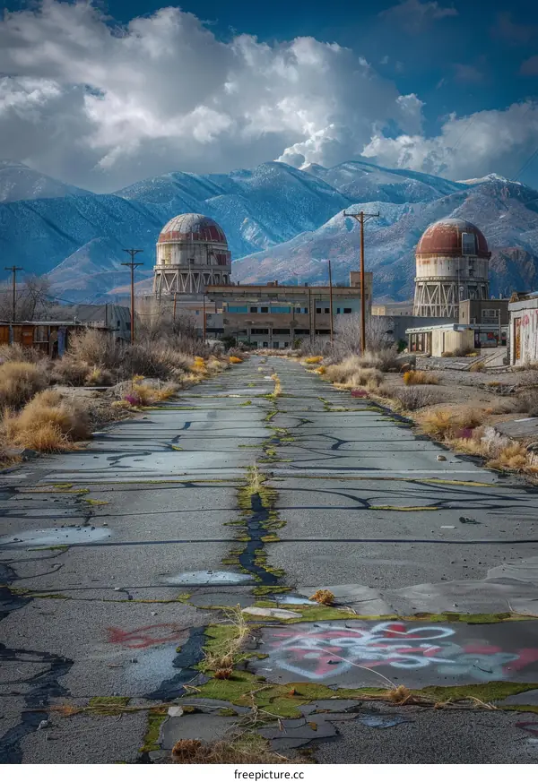 Ruins of an abandoned military base with two large domes in the background