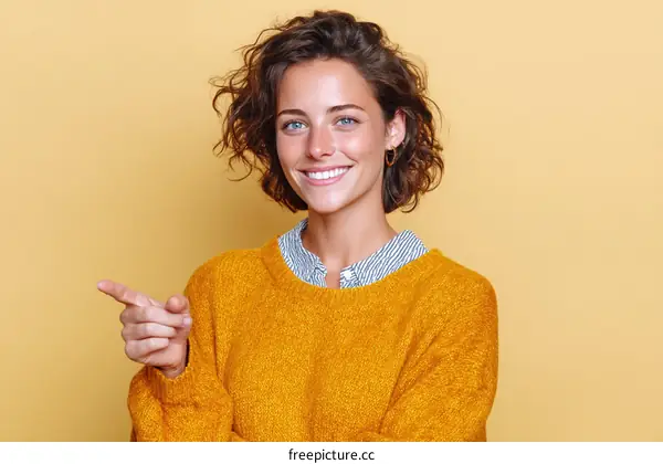 Smiling Woman in a Mustard Yellow Sweater Pointing