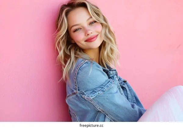 Young Woman Leaning Against Pink Wall