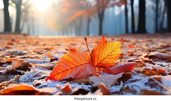 Close-up of fallen leaves on frosty ground in autumn park with blurred background