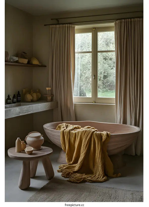 Modern Wooden Bathtub with Yellow Towel in Minimalist Bathroom