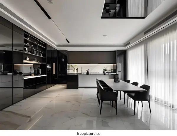 Modern Kitchen and Dining Room Interior Design with Black Cabinets and Marble Floor