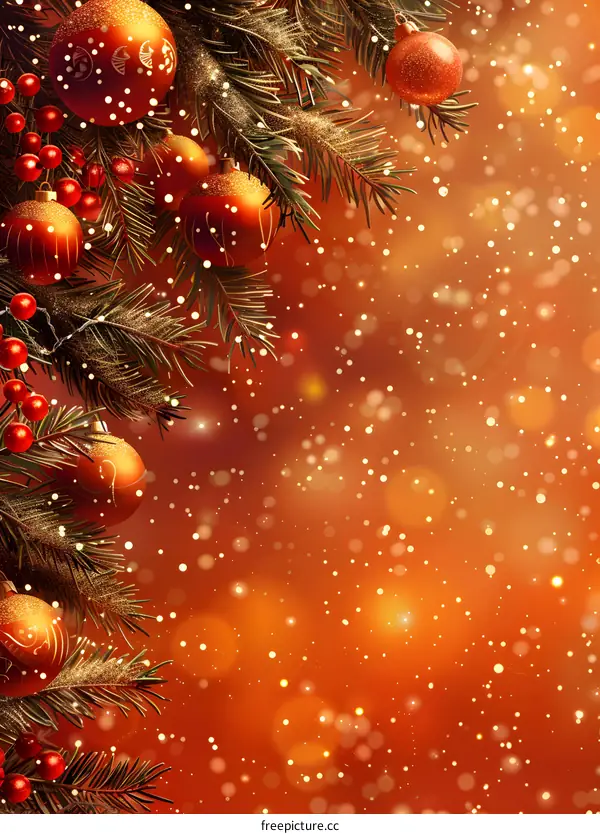 Christmas ornaments hanging on a Christmas tree with a blurred orange background