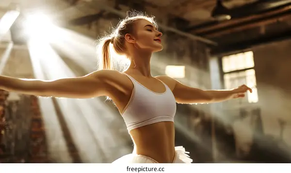 Young Woman in White Leotard Dancing in Abandoned Building
