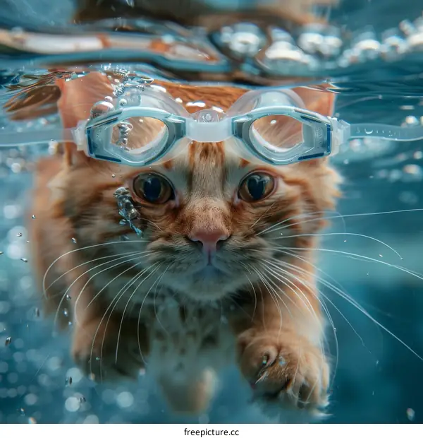 Playful Orange Cat Swims Underwater with Goggles