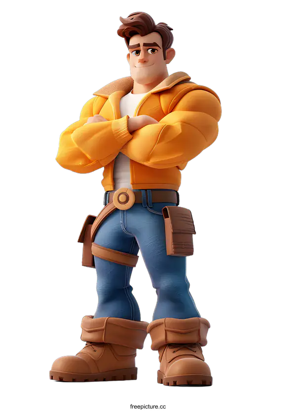 [Transparent Background PNG]Cartoon Illustration of a Man in a Yellow Jacket and Blue Jeans