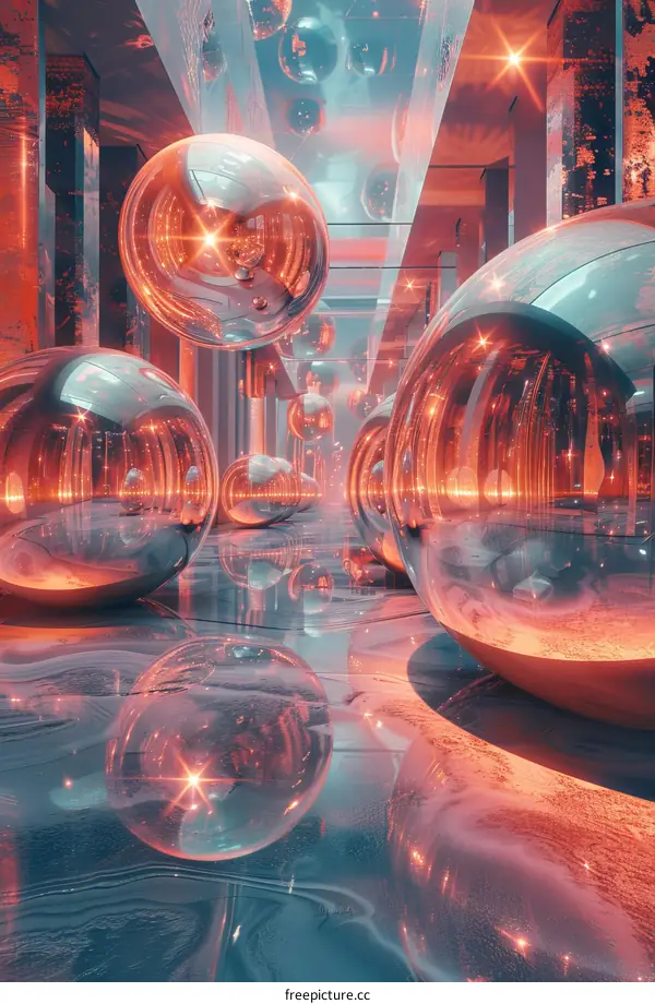 Surreal Mirrored Hallway with Spheres