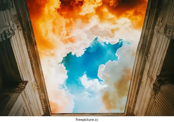 Sky Through Architecture Orange And Blue Clouds